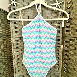 L*Space Mirabella Chevron One Piece Halter Tie Swimsuit Size S